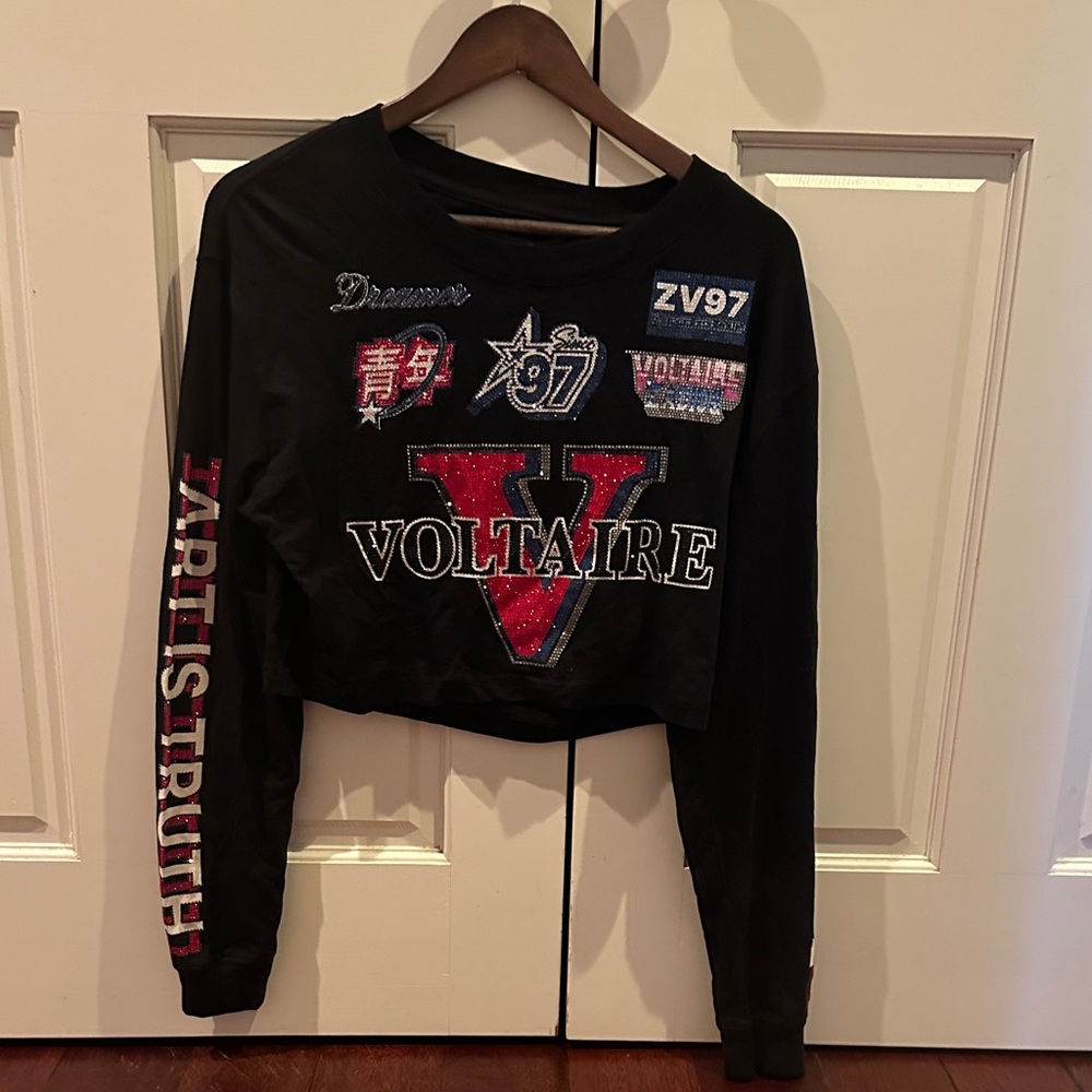 Zadig & Voltaire Black Crop Top with Red and White Accents and crystal detailing